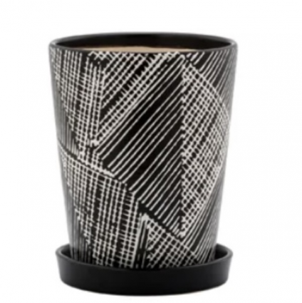 Diagonal Black Plaid Ceramic Pot with Saucer 5″