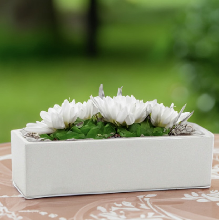 White Long Rectangular Ceramic Block Vase 14"