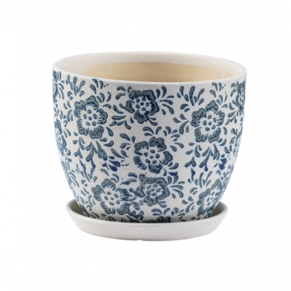 Large Blue and White Cornflower Planter with Saucer 8.25"