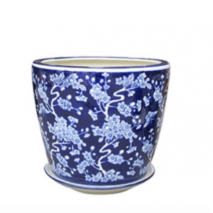 Blue and White Sakura Planter with Saucer 12"