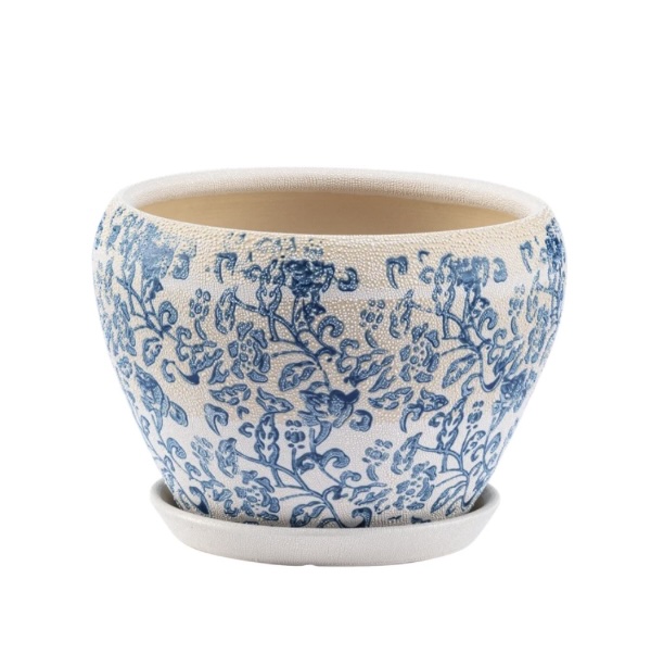 Large Blue & White Chintz Planter with Saucer 8.25"