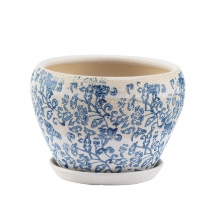 Large Blue & White Chintz Planter with Saucer 8.25"