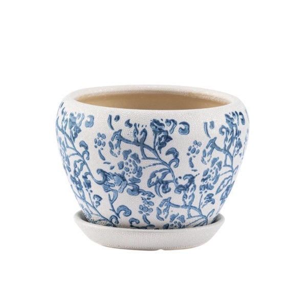Medium Blue and White Chintz Planter with Saucer 5"
