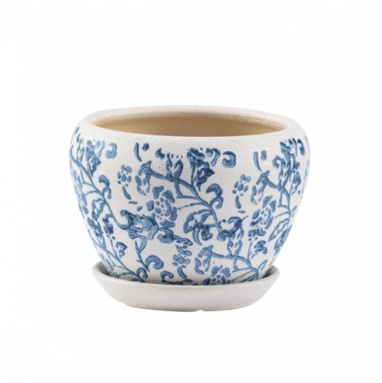 Medium Blue and White Chintz Planter with Saucer 5"