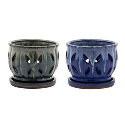 Sculpted Ceramic Orchid Pot with Saucer 6.25"