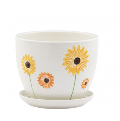 White Sunflower Planter with Saucer 8"