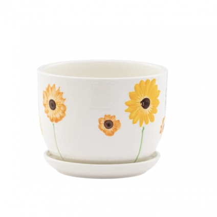 Medium White Sunflower Planter with Saucer 6.2"