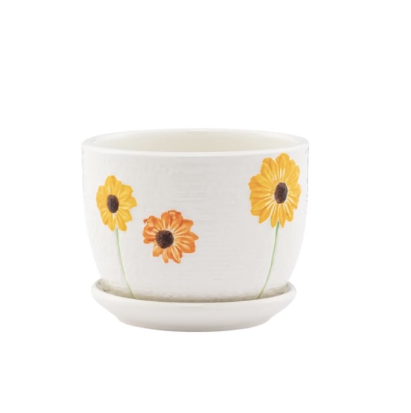 Small White Sunflower Planter with Saucer 5"