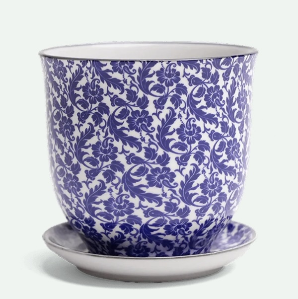 Blue Leaves Porcelain Pot with Saucer 4.25"