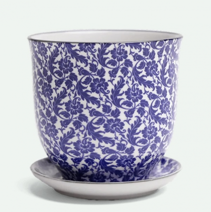Blue Leaves Porcelain Pot with Saucer 4.25"