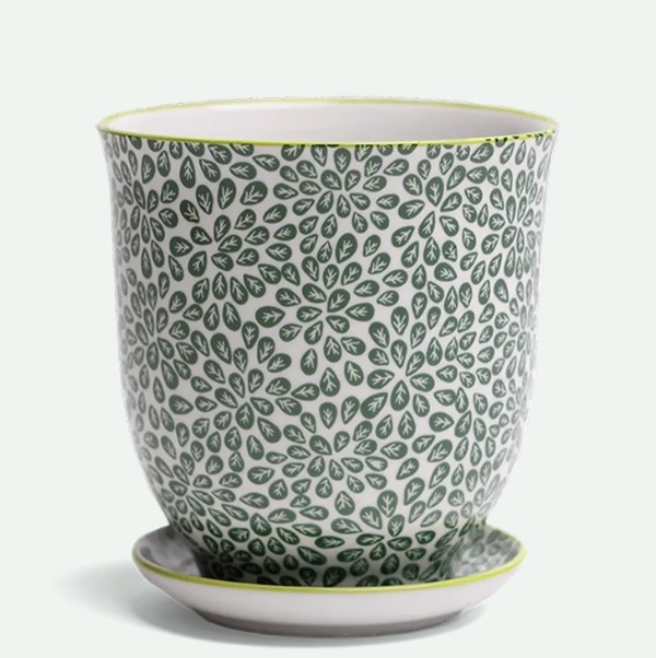 Green Leaves Porcelain Pot with Saucer 4.25"