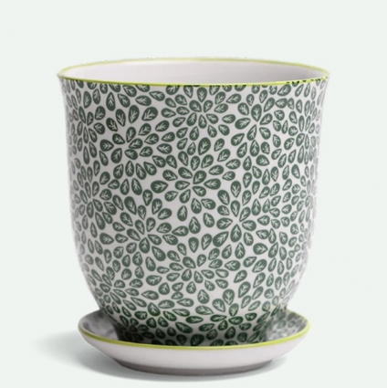 Green Leaves Porcelain Pot with Saucer 4.25"