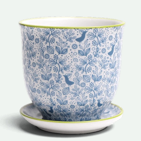 Blue Birds Porcelain Pot with Saucer 3.25"