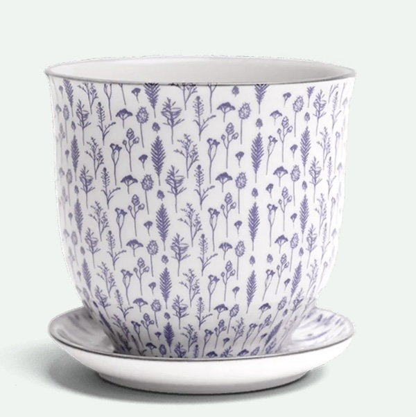 Blue Feathers Porcelain Pot with Saucer 3.25"