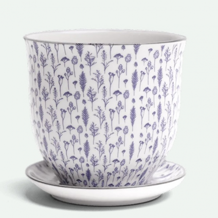 Blue Feathers Porcelain Pot with Saucer 3.25"