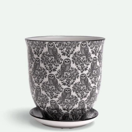 Black Owls Porcelain Pot with Saucer 3.25″