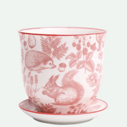 Red Squirrels Porcelain Pot with Saucer 3.25"