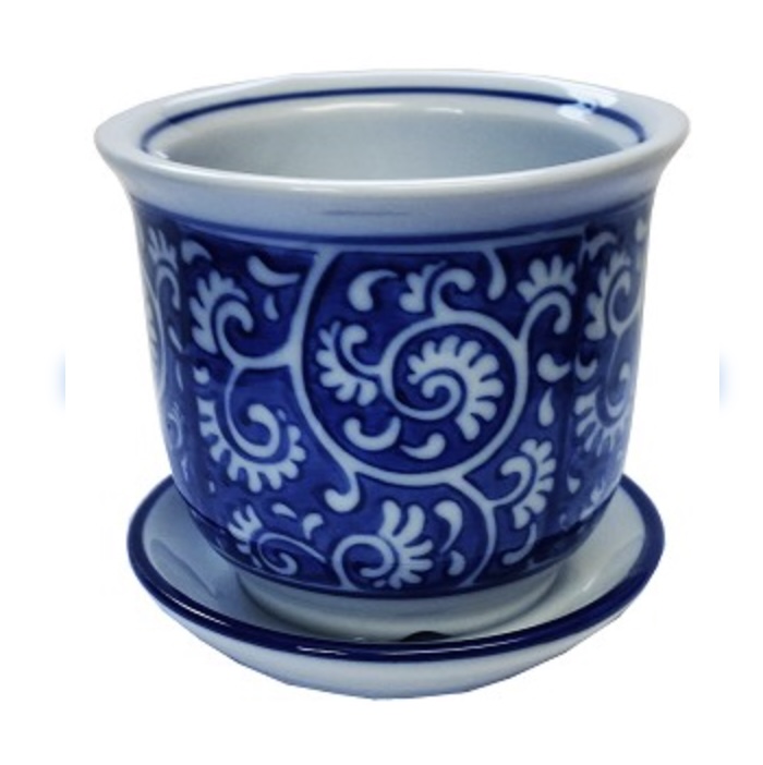Blue and White Porcelain Planter with Attached Saucer 4"