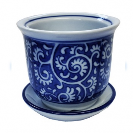 Blue and White Porcelain Planter with Attached Saucer 4"