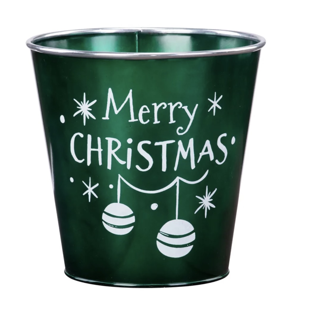 Green Merry Christmas Ornament Metal Pot Cover 7"
