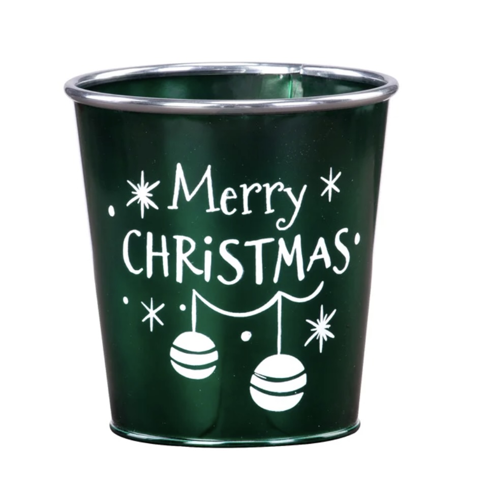 Green Merry Christmas Metal Pot Cover 5"