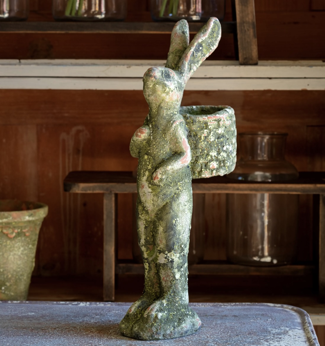 Aged Gathering Rabbit Planter 19"H