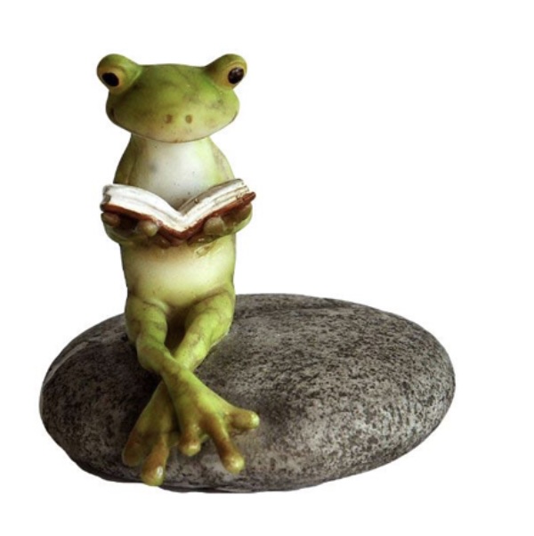 Frog Reading on a Stone Fairy Garden Figurine