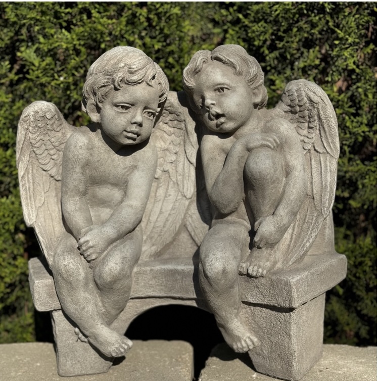 Li�l Angels Talking on Bench Cast Stone Garden Statue