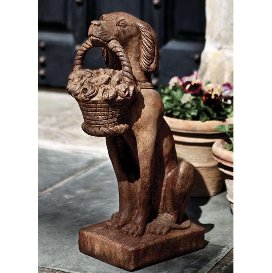 Vintage Dog with Basket Cast Stone Garden Statue
