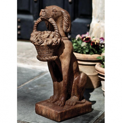 Vintage Dog with Basket Cast Stone Garden Statue