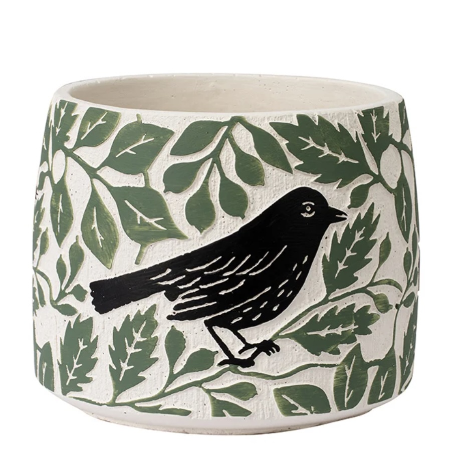 Large Black Bird and Leaves Concrete Planter 5.75″