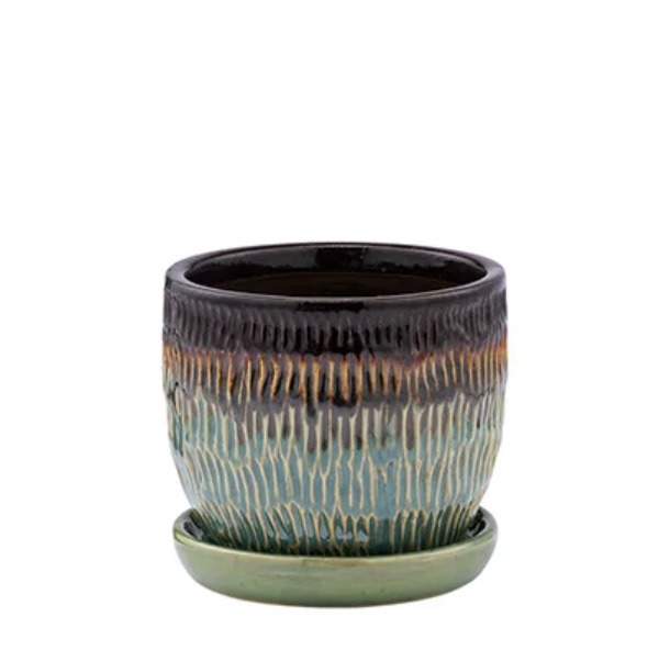 Ribbed Green Drip Glaze Ceramic Planter with Saucer 4.25″