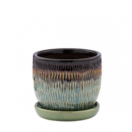 Ribbed Green Drip Glaze Ceramic Planter with Saucer 4.25″