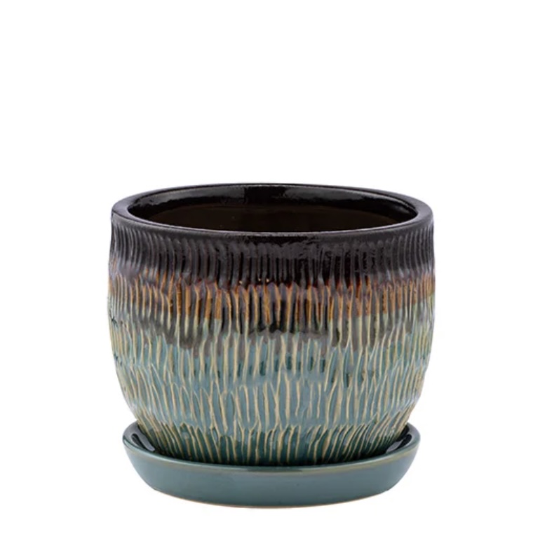 Medium Ribbed Green Drip Glaze Ceramic Planter with Saucer 6.25″