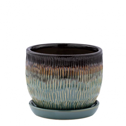 Medium Ribbed Green Drip Glaze Ceramic Planter with Saucer 6.25″