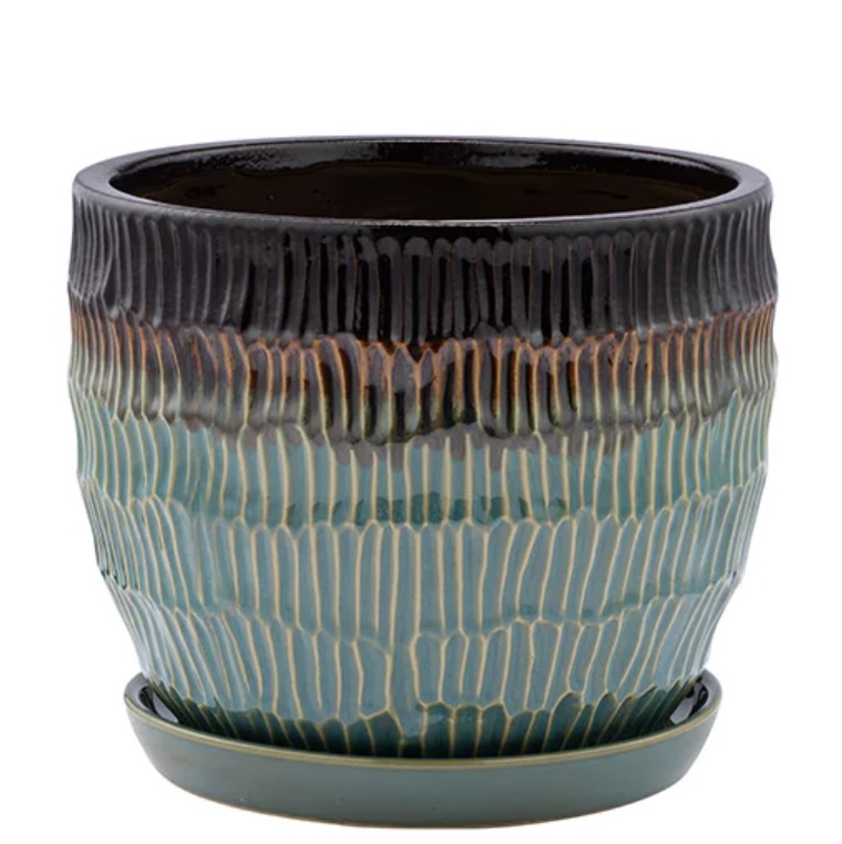 Large Ribbed Green Drip Glaze Ceramic Planter with Saucer 8.5″