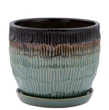 Large Ribbed Green Drip Glaze Ceramic Planter with Saucer 8.5″
