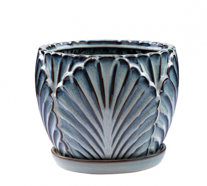 Large Textured Fan Ceramic Planter with Saucer 9″