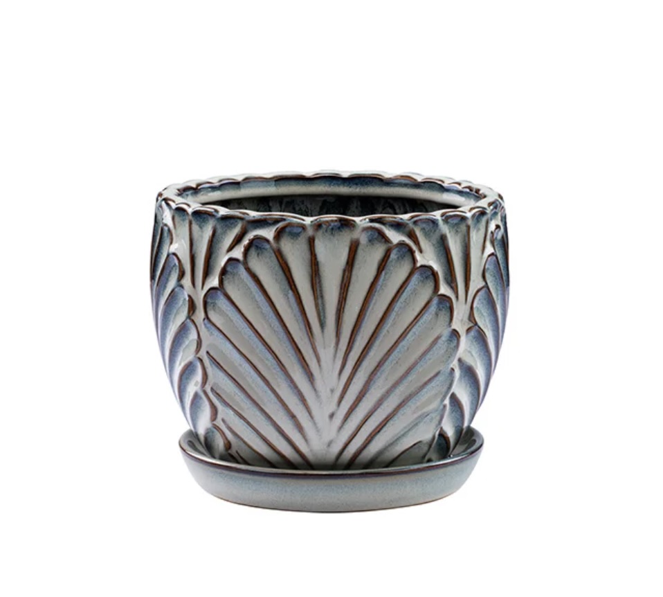 Textured Fan Ceramic Planter with Saucer 6.5″