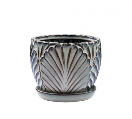 Textured Fan Ceramic Planter with Saucer 6.5″