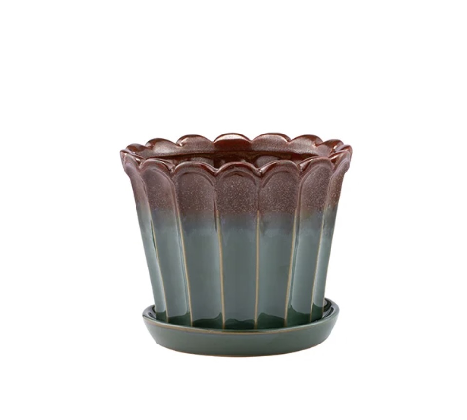 Green Scalloped Glaze Ceramic Planter with Saucer 6.5″