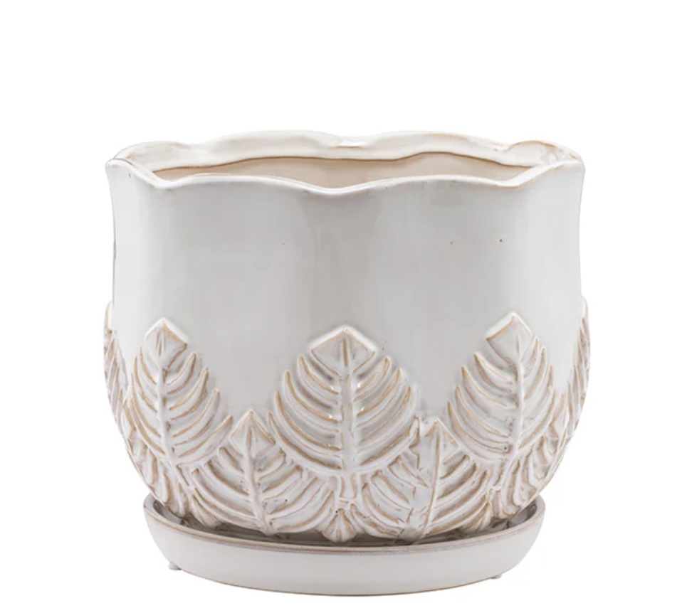 Medium Ivory Leaf Relief Ceramic Planter with Saucer 9"