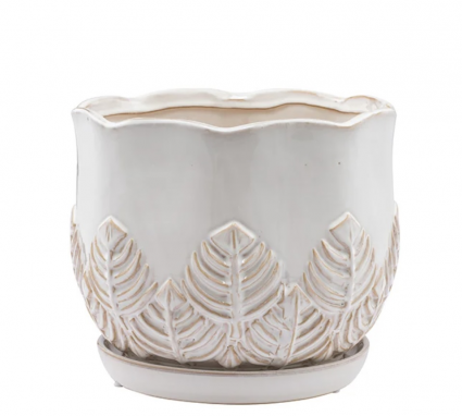 Medium Ivory Leaf Relief Ceramic Planter with Saucer 9"