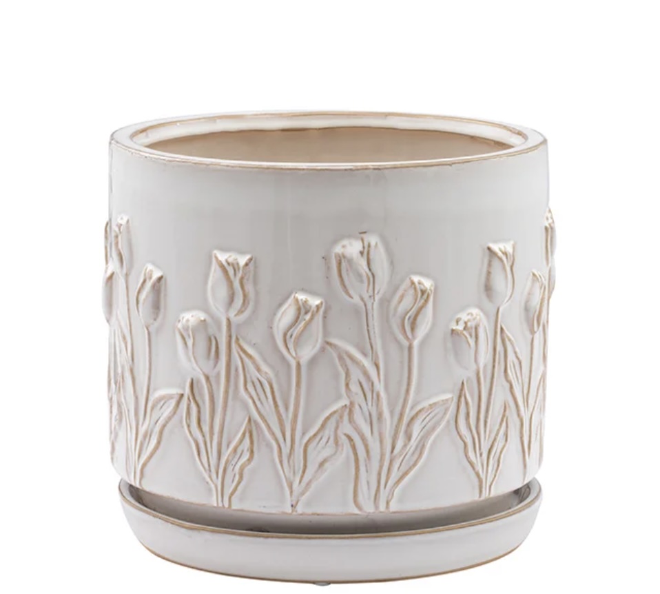 White Tulip Garden Ceramic Planter with Saucer 8.25"