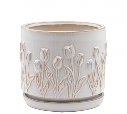 White Tulip Garden Ceramic Planter with Saucer 8.25"