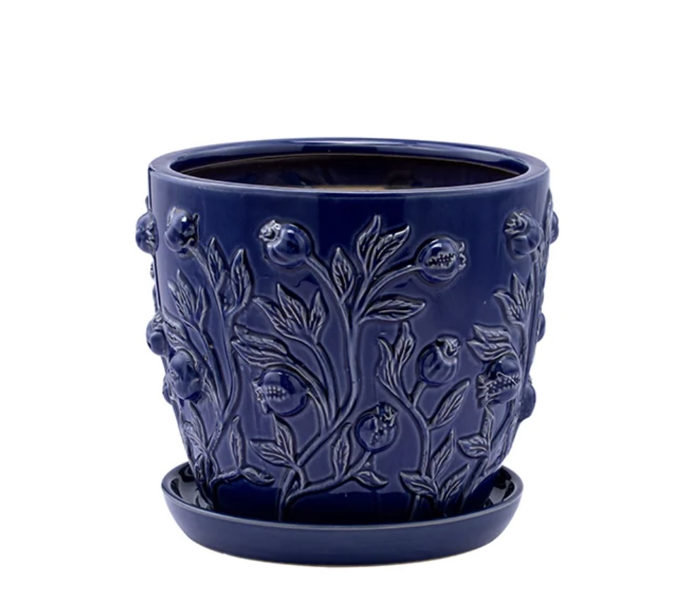 Medium Blue Flower Ceramic Planter with Saucer 8.25"