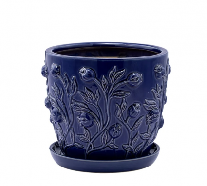 Medium Blue Flower Ceramic Planter with Saucer 8.25"