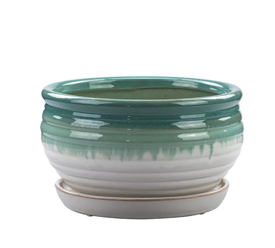 Medium Drip Glaze Ceramic Dish Garden with Saucer 8.75"