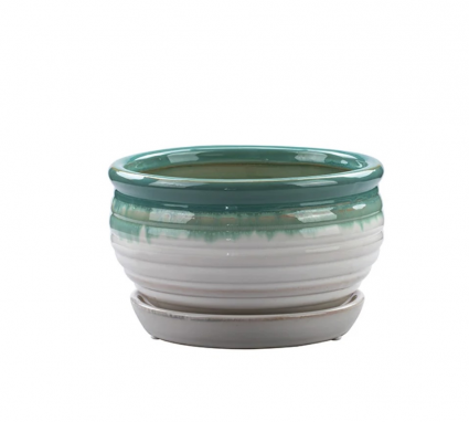 Green Drip Glaze Ceramic Dish Garden with Saucer 6.75"