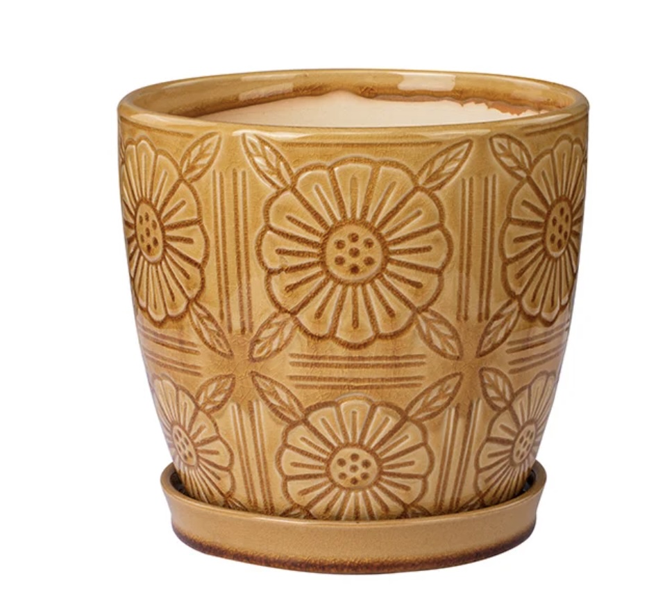 Large Brown Floral Tile Pattern Ceramic Planter with Saucer 7.25″